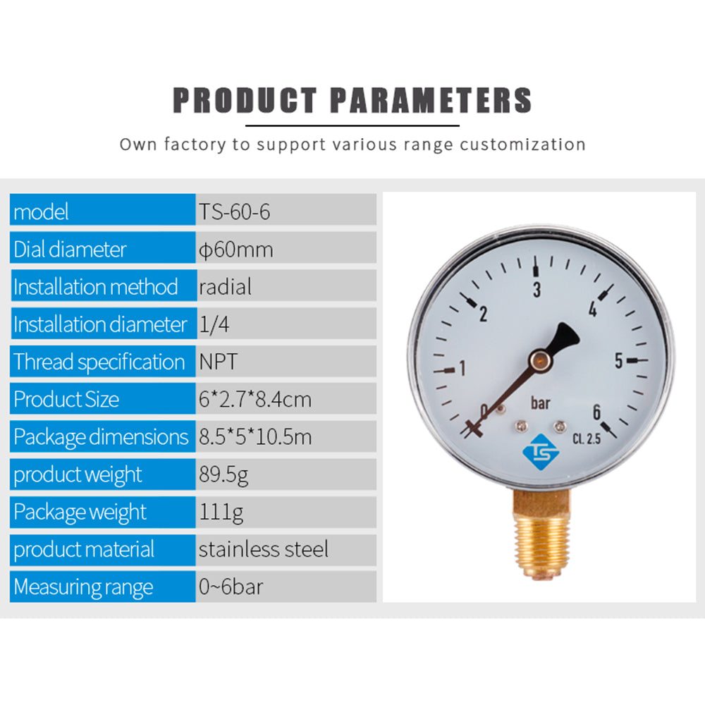 TS-60-6 60mm Large Dial Pressure Gauge 0-6 Bar Water / Gas / Air Pressure Gauge Compressor 1 / 4inch NPT Bottom Mount TS-60-6 60mm Large Dial Pressure Gauge 0-6 Bar Water / Gas / Air Pressure Gauge Compressor 1 / 4inch NPT Bottom Mount